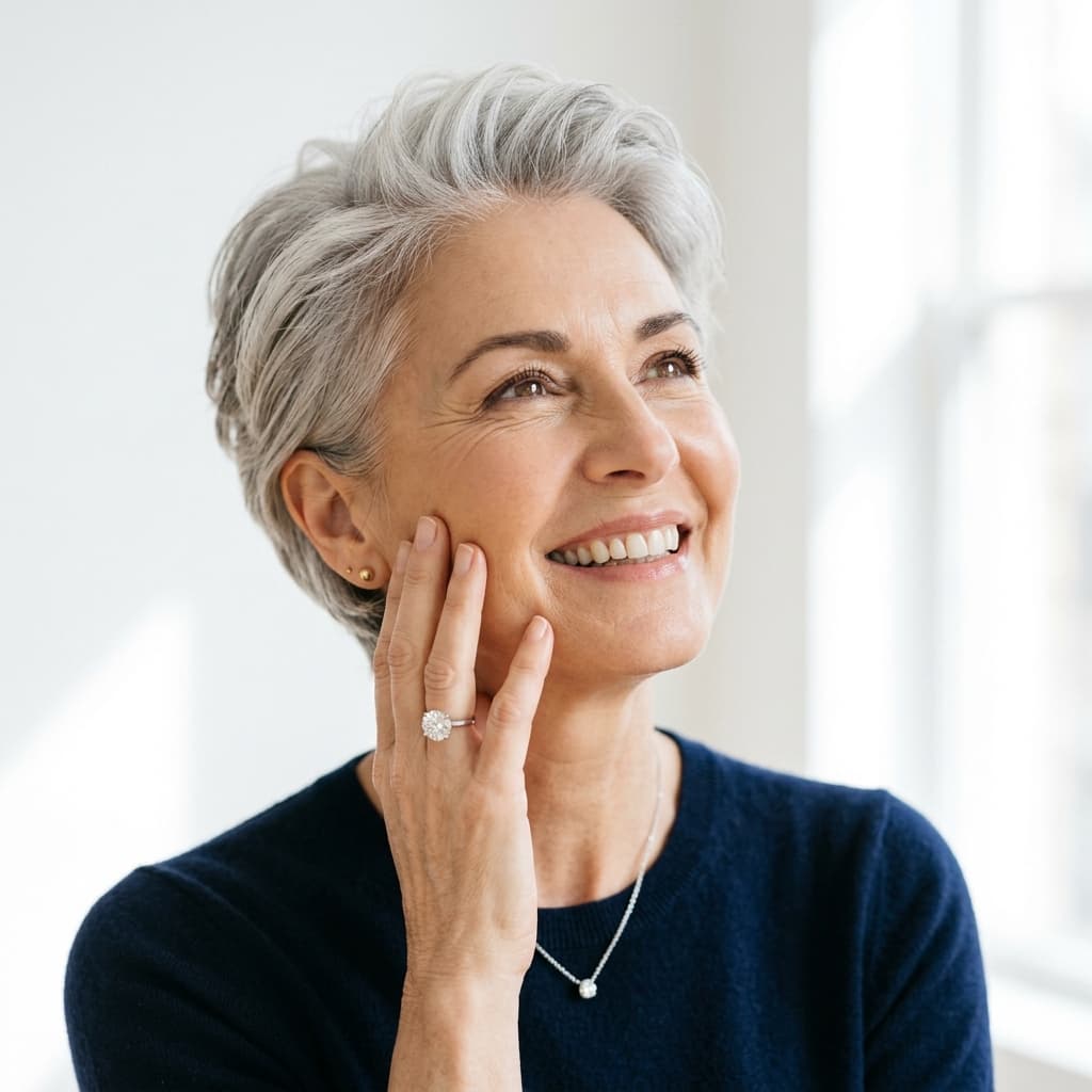 Smiling customer wearing diamond ring and necklace