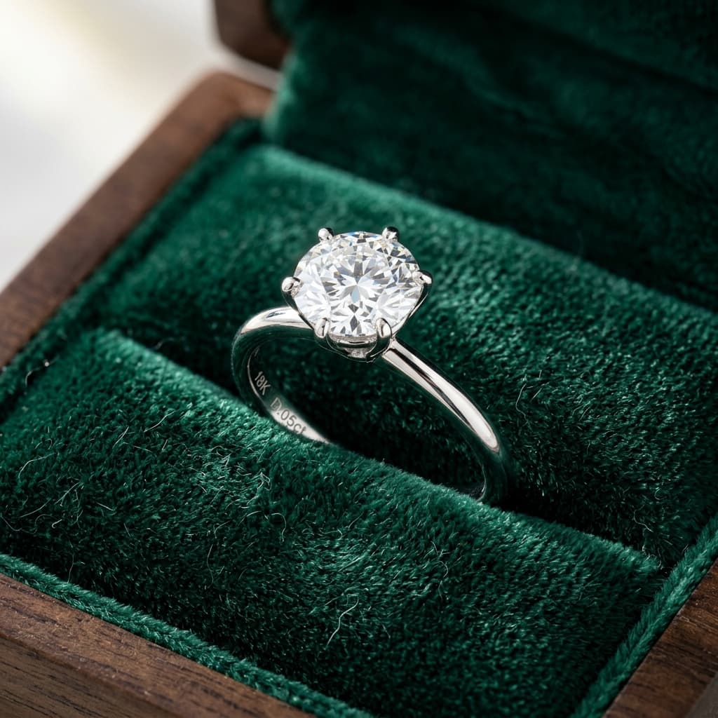 Solitaire diamond engagement ring on green velvet